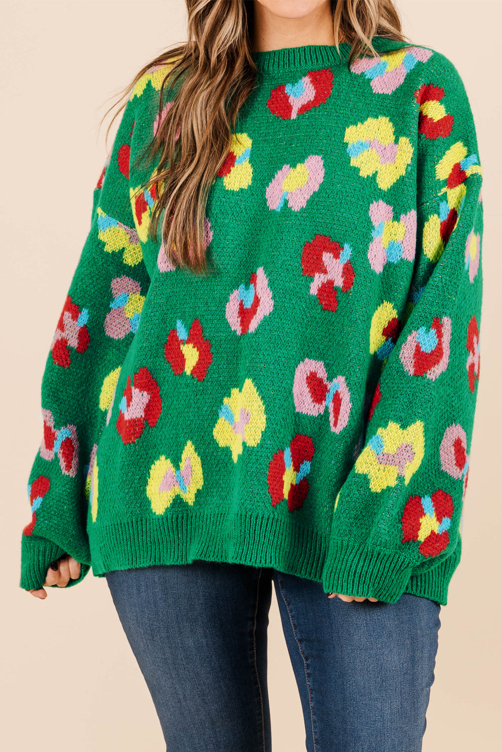 Plus Size Green Floral Knit Ribbed Drop Shoulder Sweater