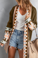 Cardigan tricoté marron à imprimé aztèque ouvert sur le devant-A WOMAN WE LOVE