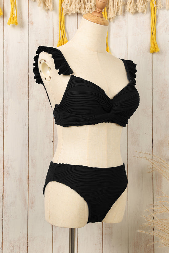 Black twisted bikini swimsuit with wavy and ruffle textured straps