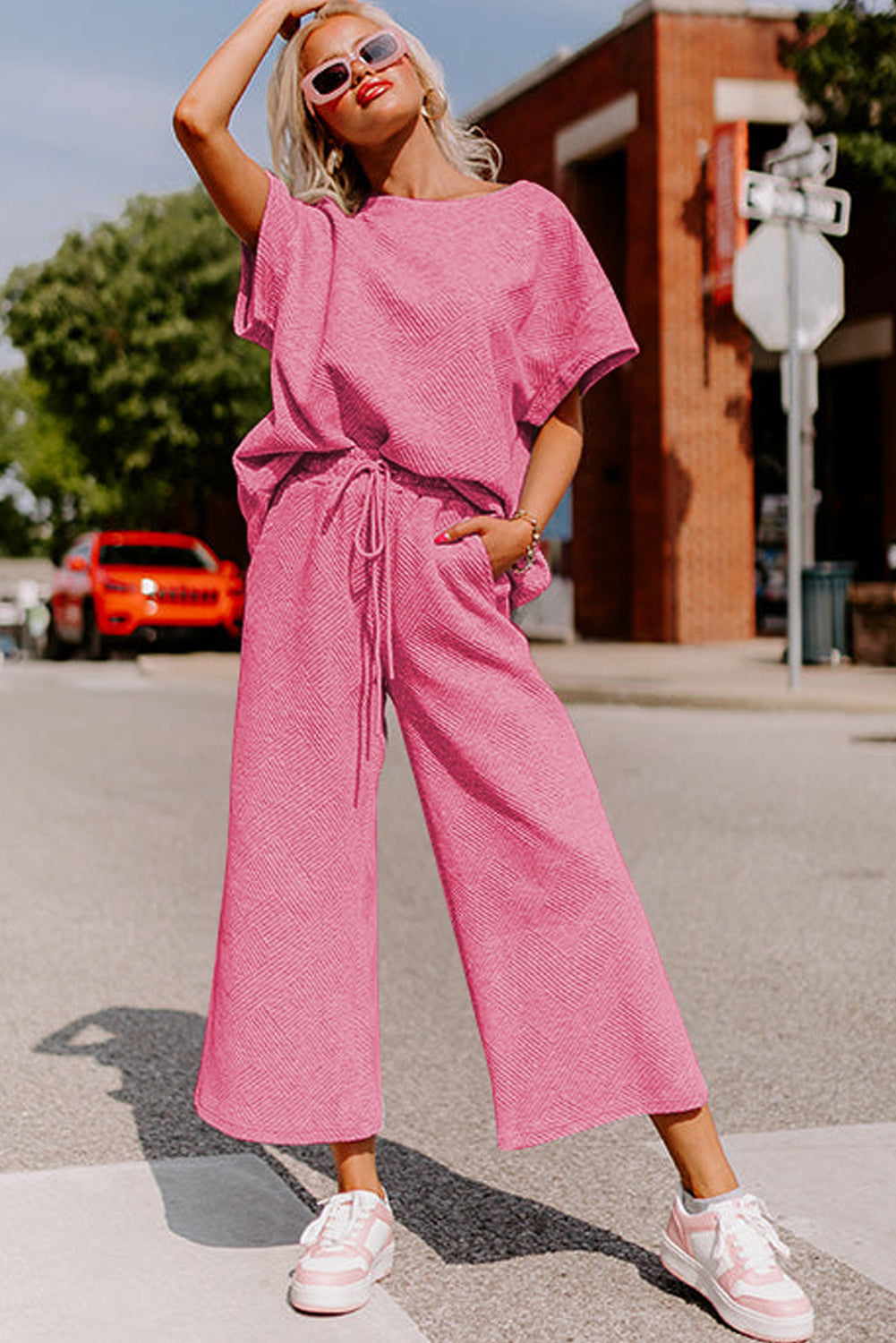 Strawberry Pink Textured Loose T-Shirt and Drawstring Pants Set