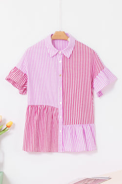 Shirt buttoned with pink stripes and ruffled hem in patchwork