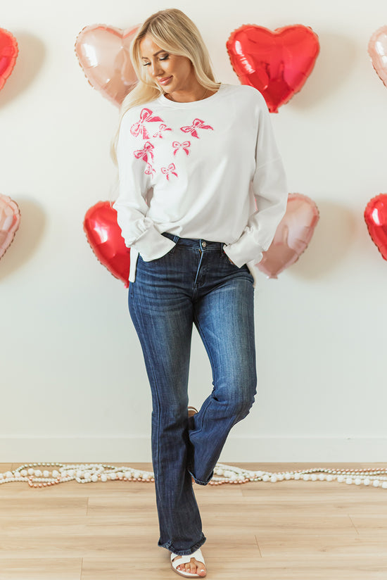 White Oversized Sequin Sweatshirt with Bow Tie, Top and Bottom