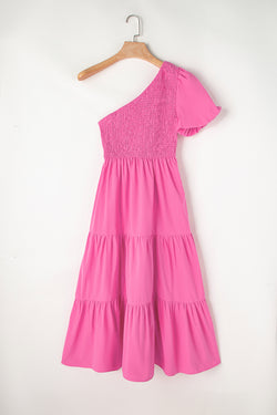 Asymmetrical midday dress with puffy sleeves and smocked bodice on several levels pink strawberry