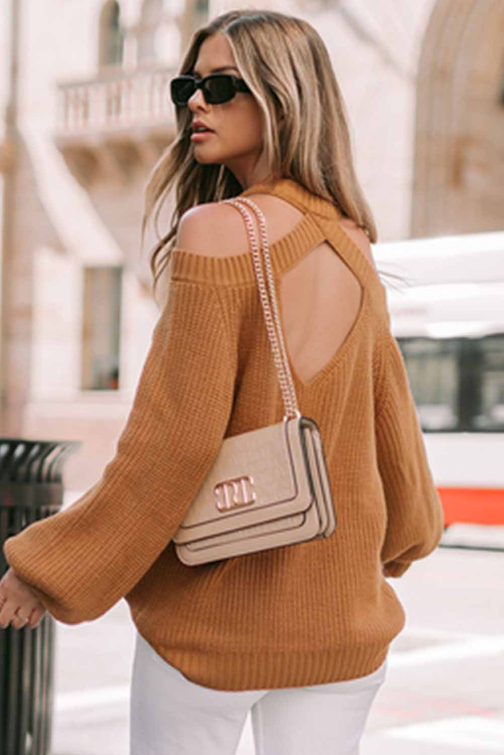 Brown crew neck sweater with off the shoulder back