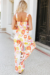 Multicolor Floral Print Ruched Sleeveless Loose Jumpsuit