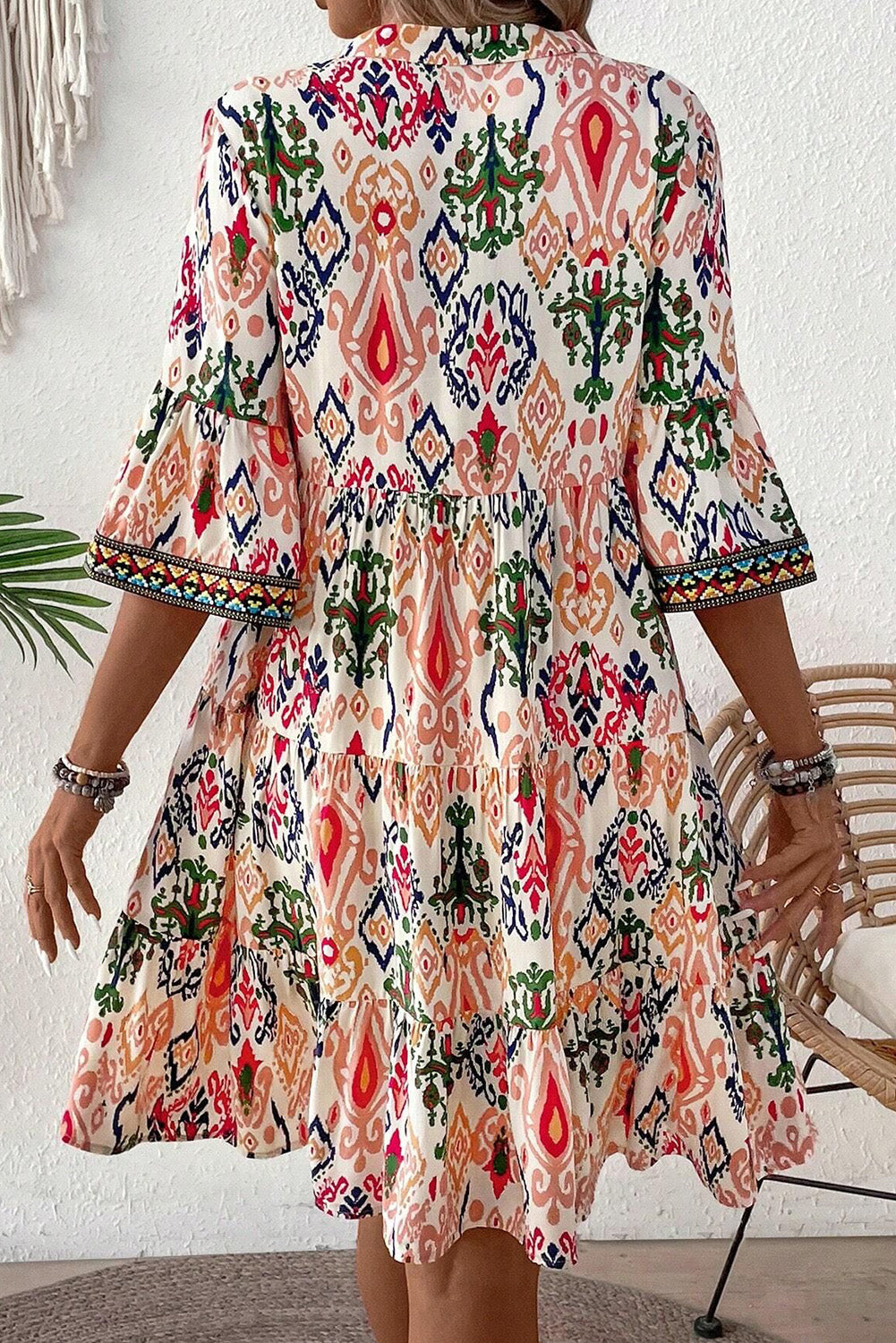 Multicolous Boho Print v Hals Armband Ärmel Mini Kleid