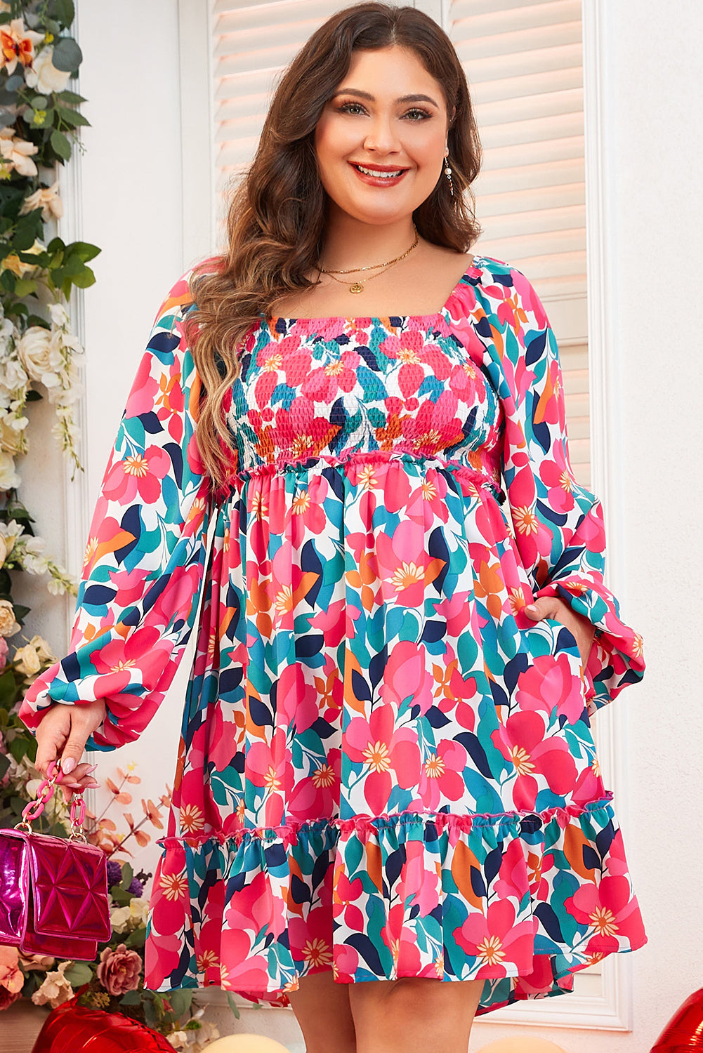 Robe Smockée à Col Carré et Imprimé Fleur Rose Grande Taille