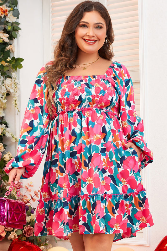 Robe Smockée à Col Carré et Imprimé Fleur Rose Grande Taille