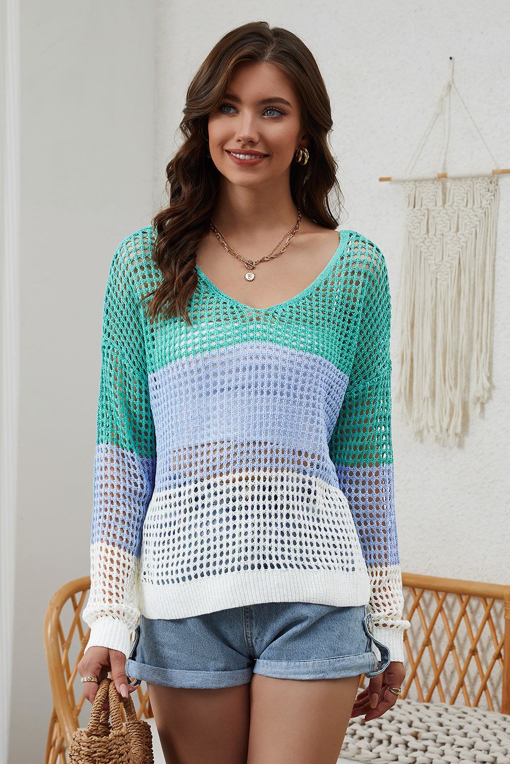 Green Multicolor Color Block Eoelet Long Sleeve Twisted Back TreaT Top