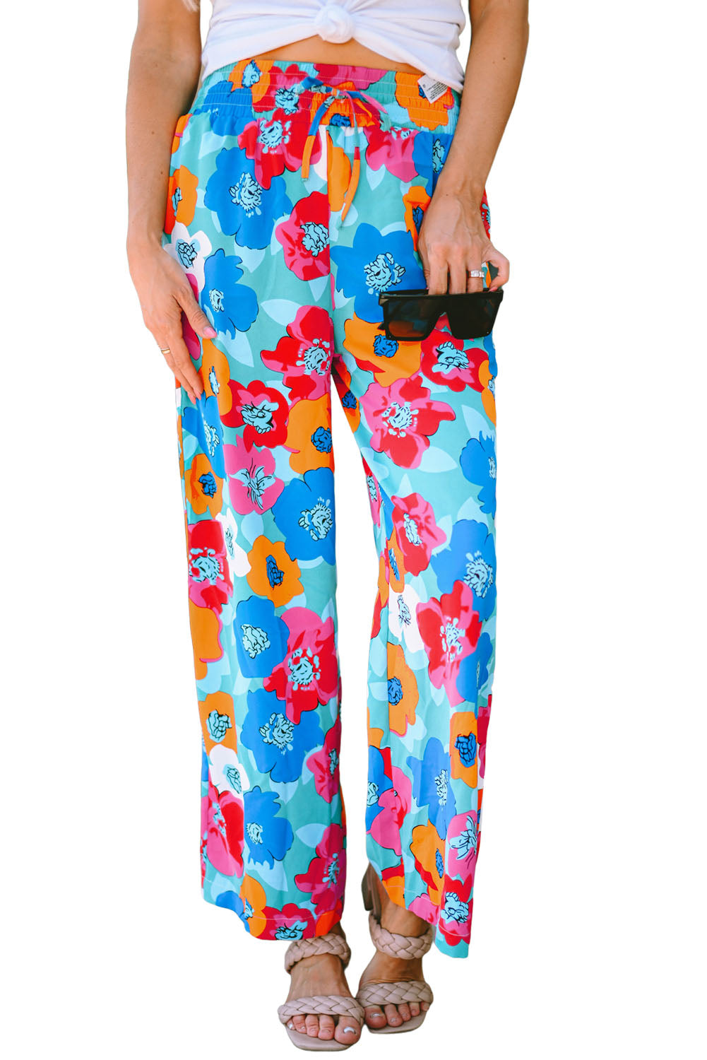 Pantalon multicolore à taille large et imprimé floral abstrait avec cordon de serrage