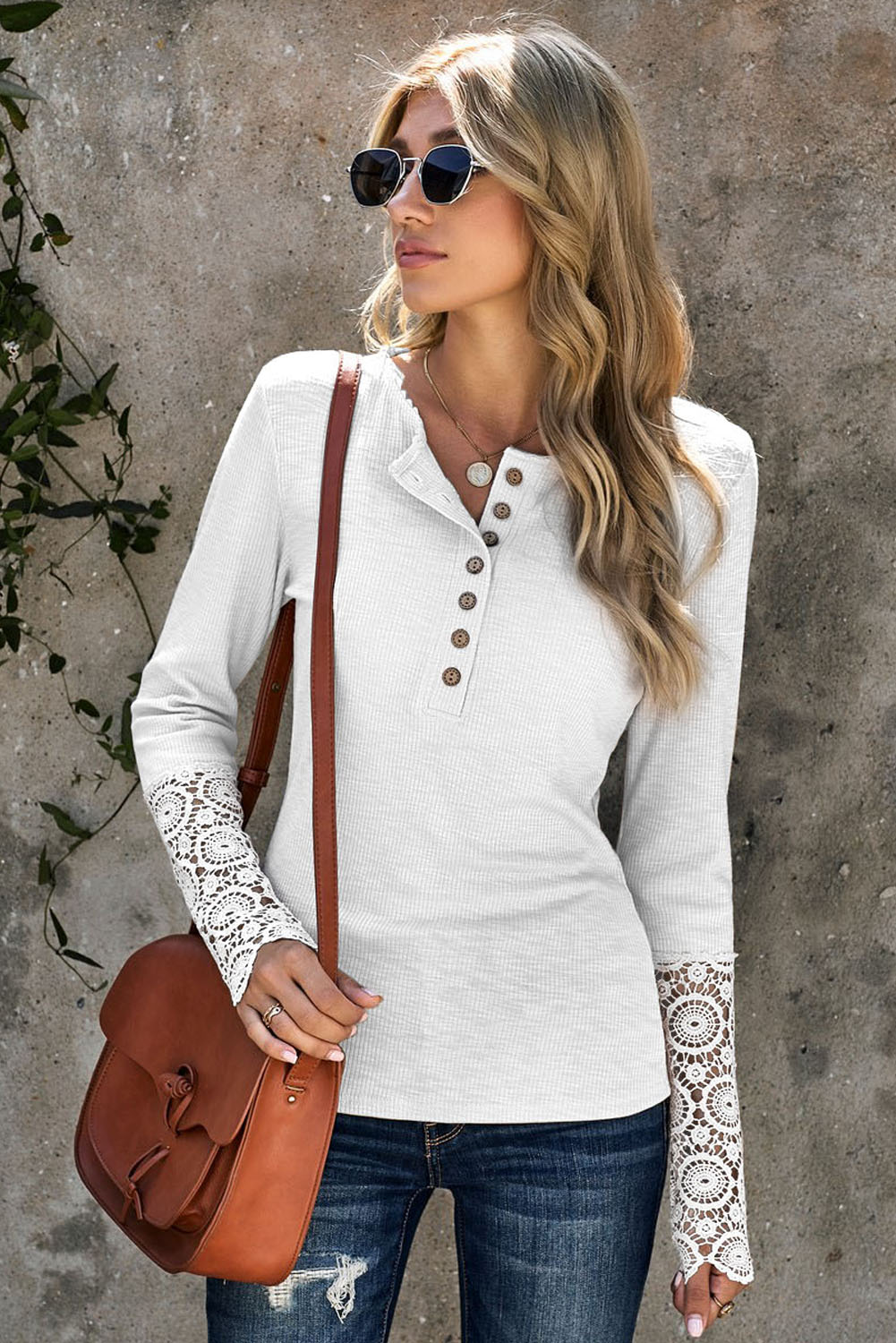 White Crochet Lace Hem Sleeve Button Top