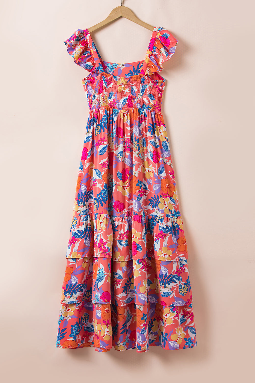 Pink Floral Print Sleeveless Ruffled Maxi Dress