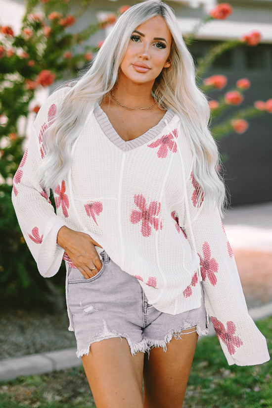 White lightweight knit hoodie with floral print