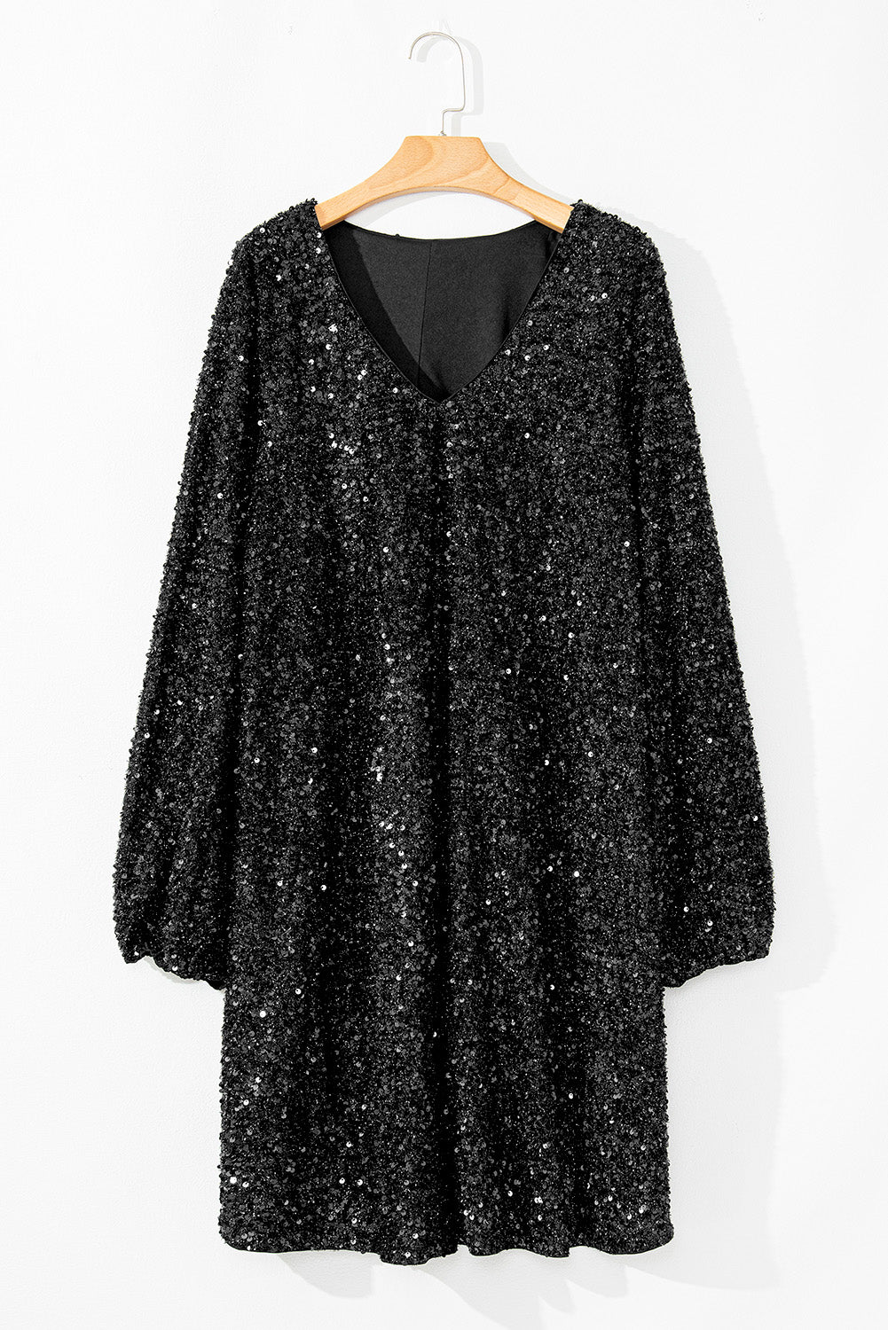 Robe à paillettes à manches bouffantes et col en V de grande taille de couleur noire