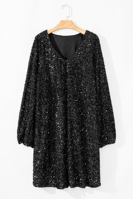 Couleur noir Robe à paillettes à manches bulles et col en V de grande taille