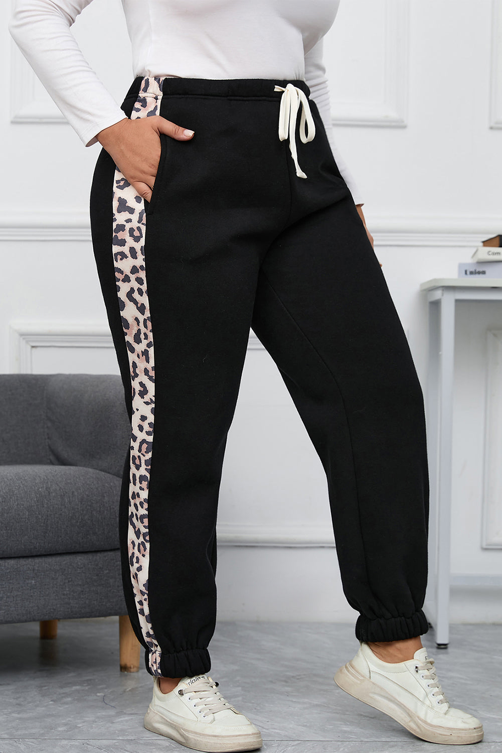 Black Plus Times Contrast Leopard Side Jogger