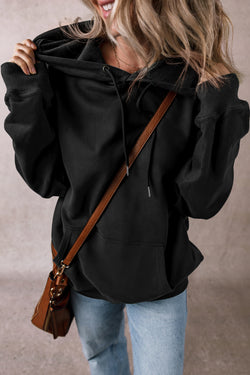 Black thick hoodie with kangaroo pocket and fleece-lined drawstring