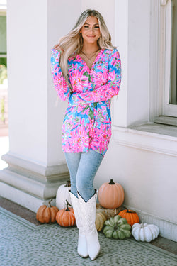 Pink Floral Print Long Sleeve Button Down Cardigan