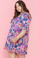 Blue mini-ruffle with ruffle and 3/4 sleeves with large floral print