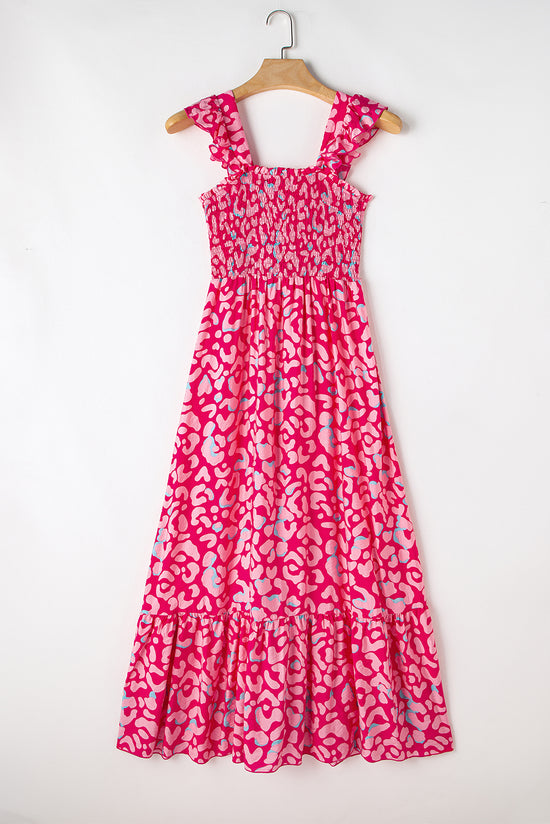 Pink High Waisted Smocked Maxi Dress with Ruffled Straps and Leopard Print