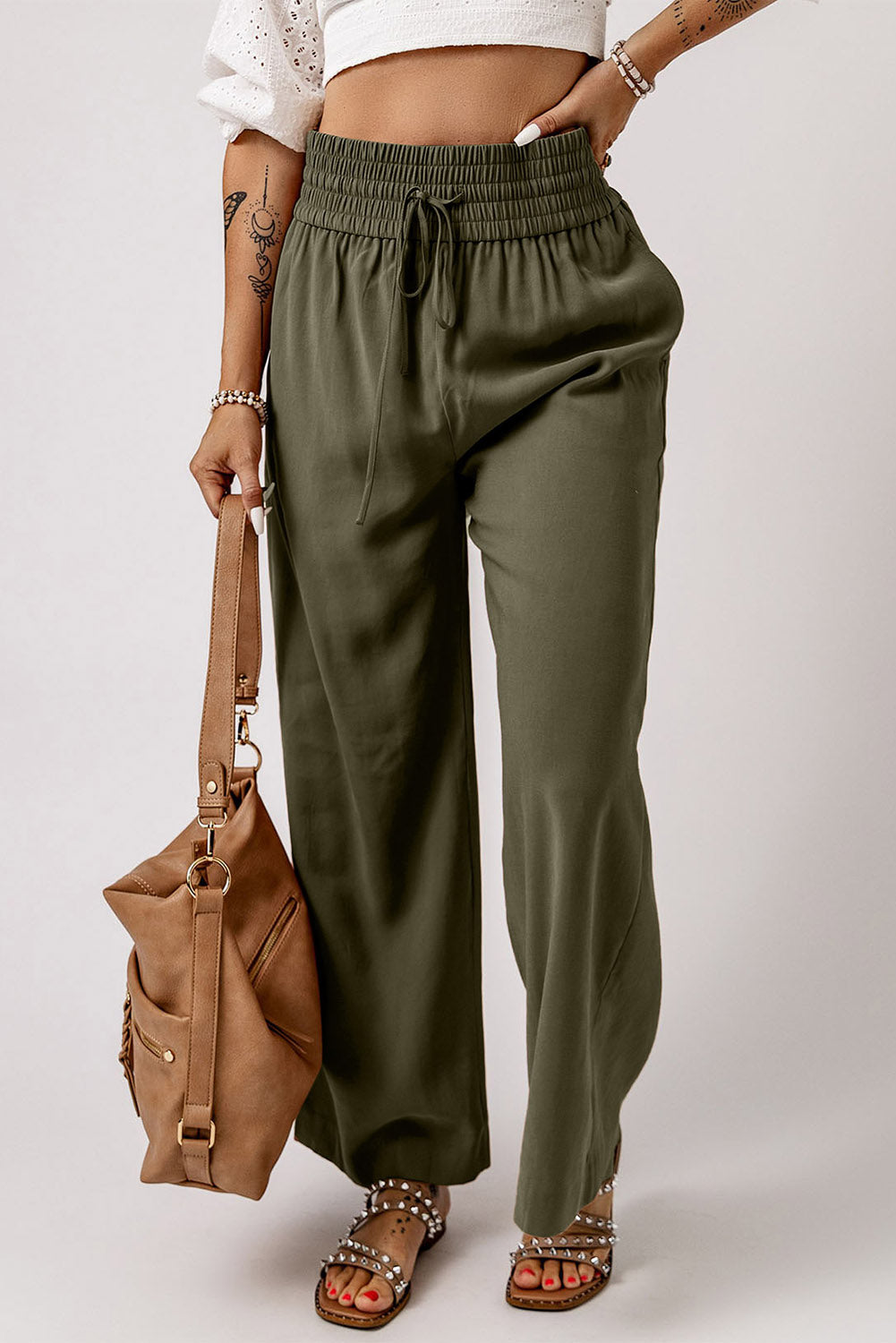 Pantalones cordón cintura elástica casual pierna ancha verde marrón