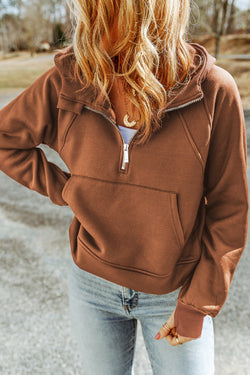 Brown hoodie with kangaroo pocket and quarter-turn zip