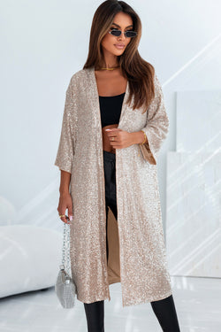 Apricot Sequined 3/4 Sleeve Open Wrap Kimono