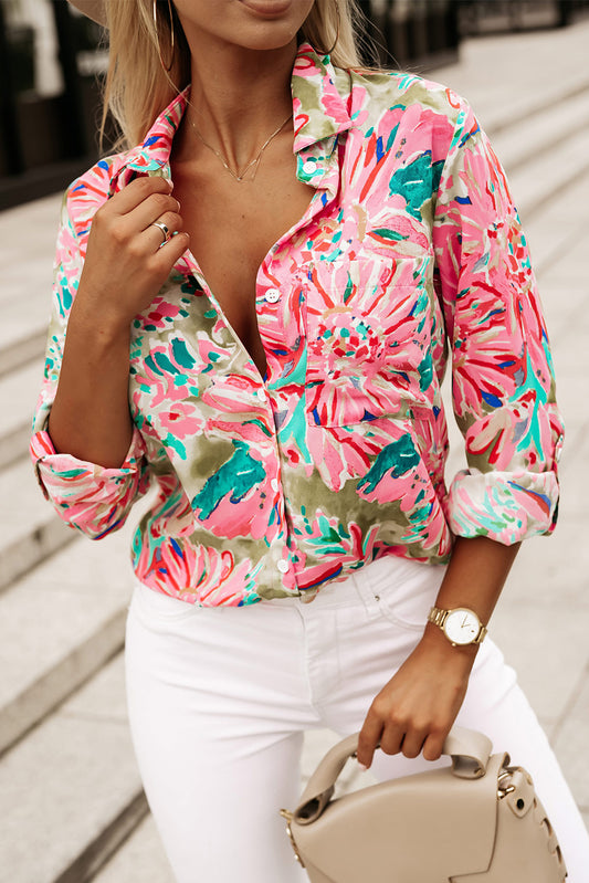 Green Abstract Floral Print Buttoned Sheath Long Sleeve Shirt