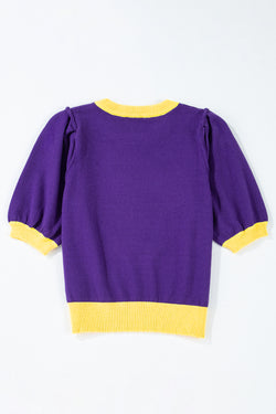 Short sleeve sweater with rugby purple sequins rugby colored blocks