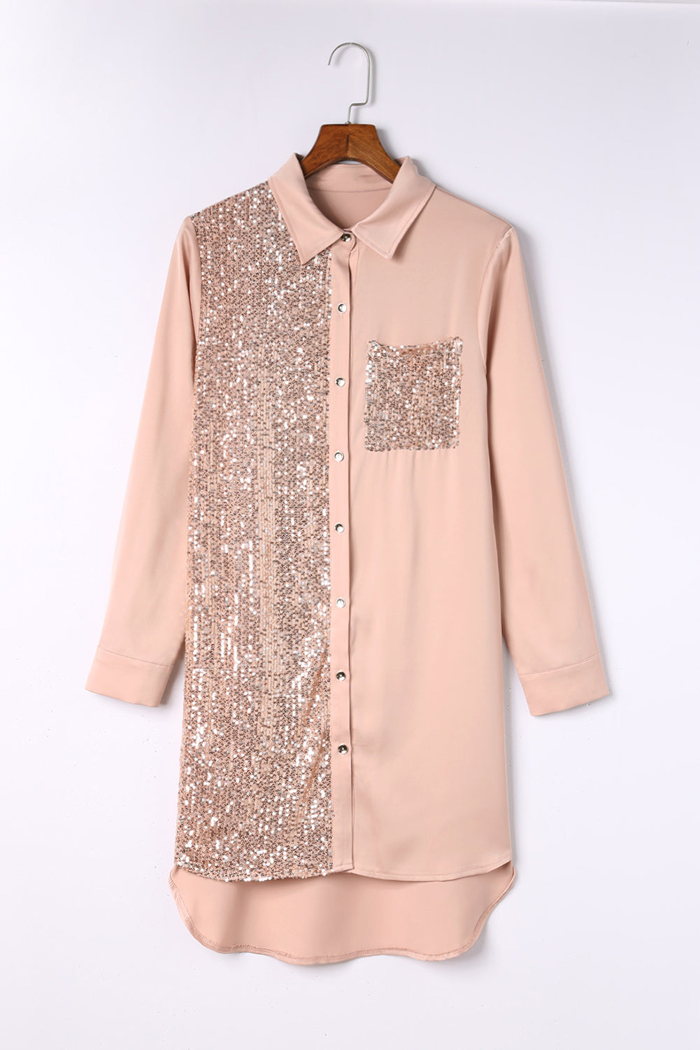 Khaki Sequin Button Up Shirt Dress with Pocket and Splice