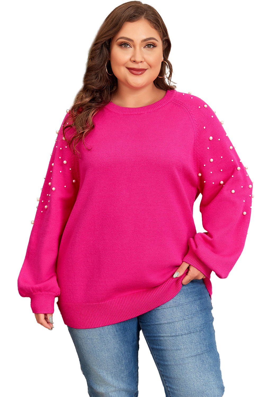 Plus size sweater with raglan sleeves and strawberry pink pearl decoration