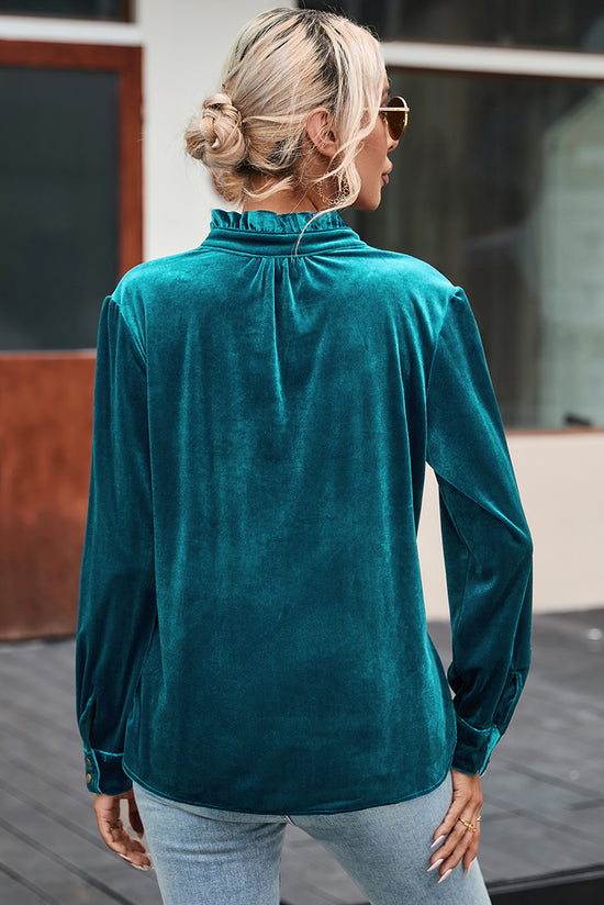 Green velvet top buttoned on the front at the flying neck