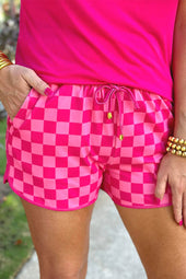 Pink Plaid Drawstring Elastic Waist Casual Shorts