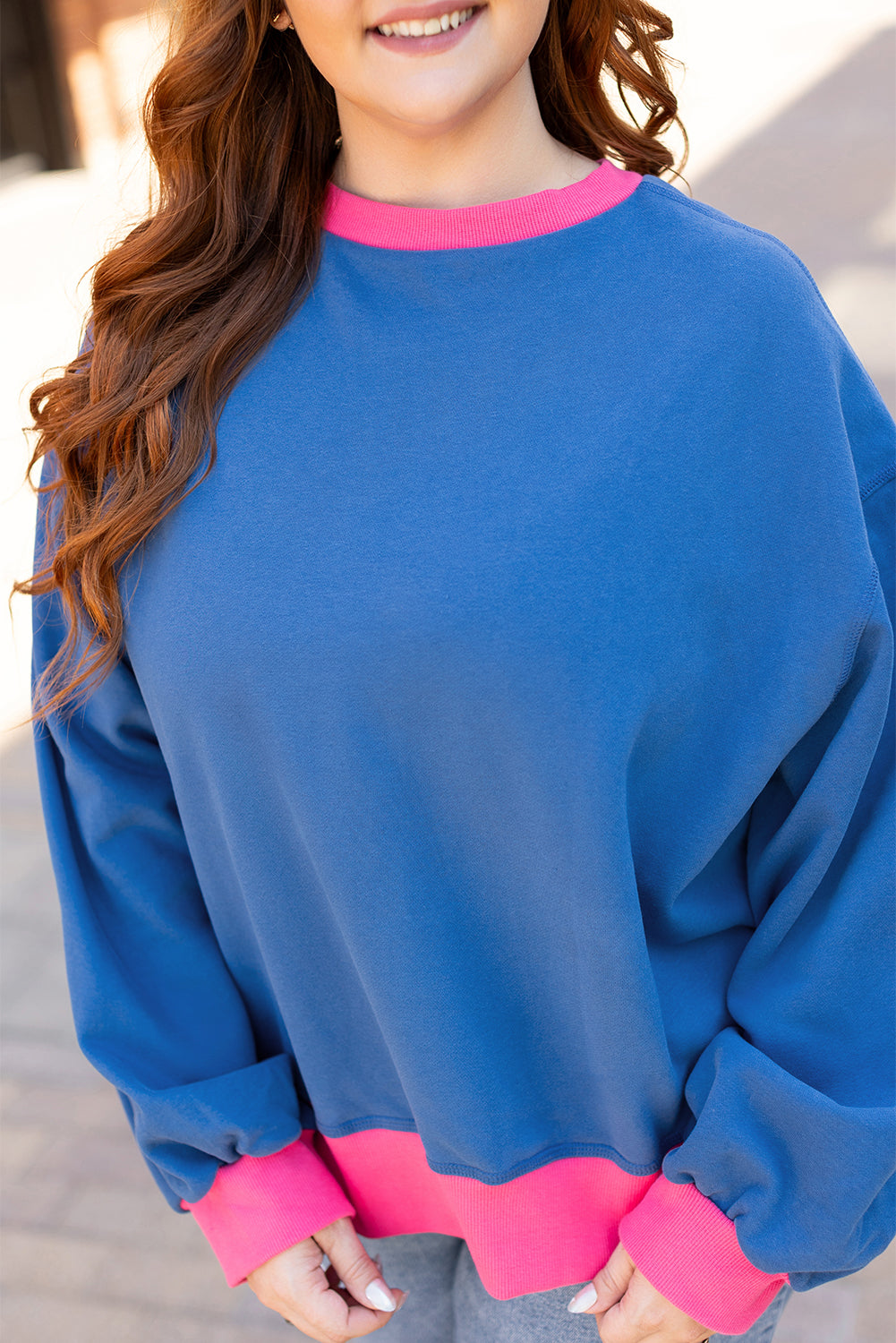 Sky Blue Sweatshirt with Balloon Sleeves and Color Block Trims, Plus Size