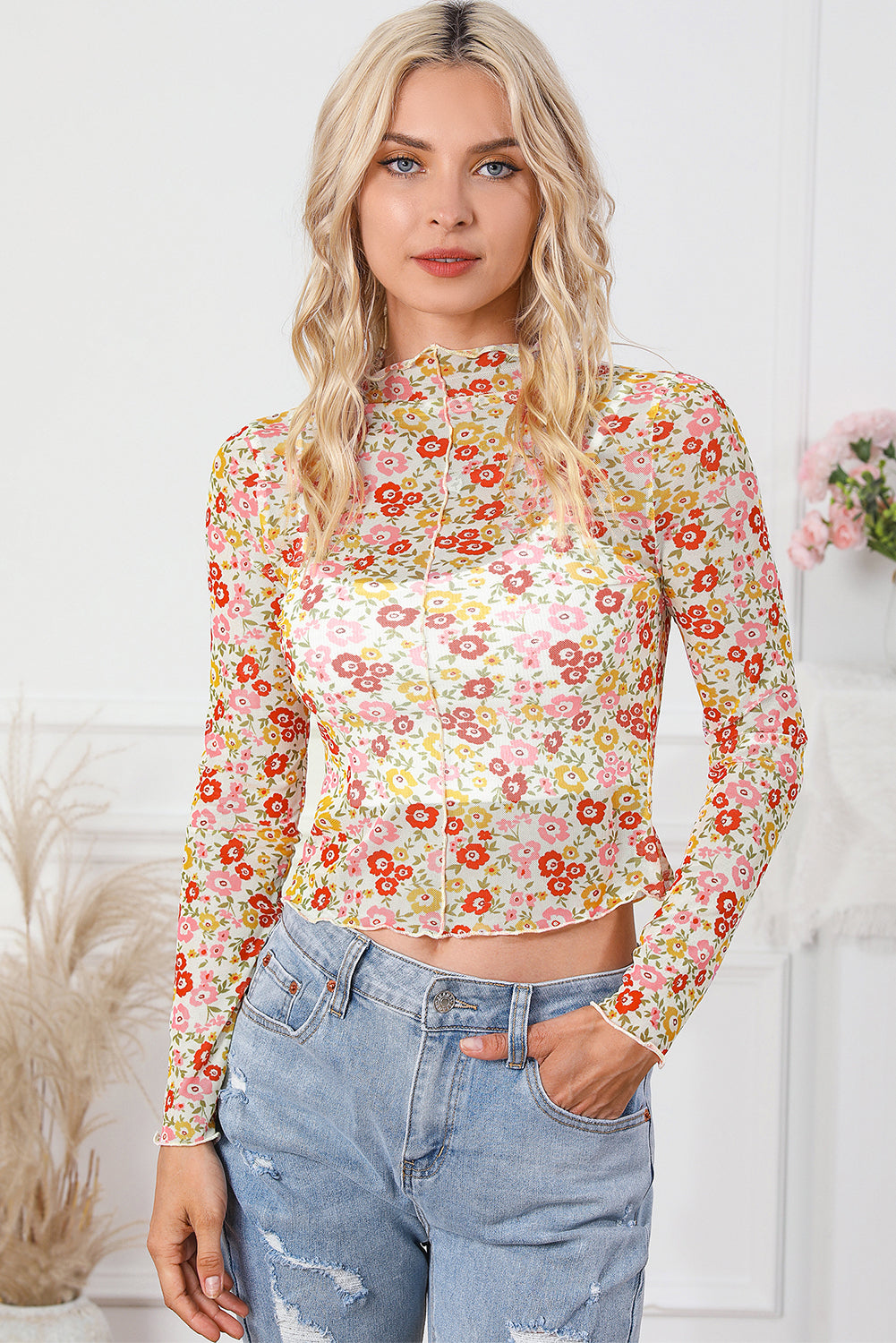 Top de manga larga con dobladillo de lechuga floral multicolor