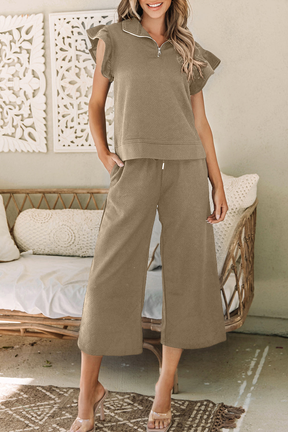 Pale Khaki Textured Top and Wide Leg Pants Set with Flutter Sleeves