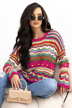 Red Pink Color Block Striped Openwork Knit Loose Sleeve Sweater