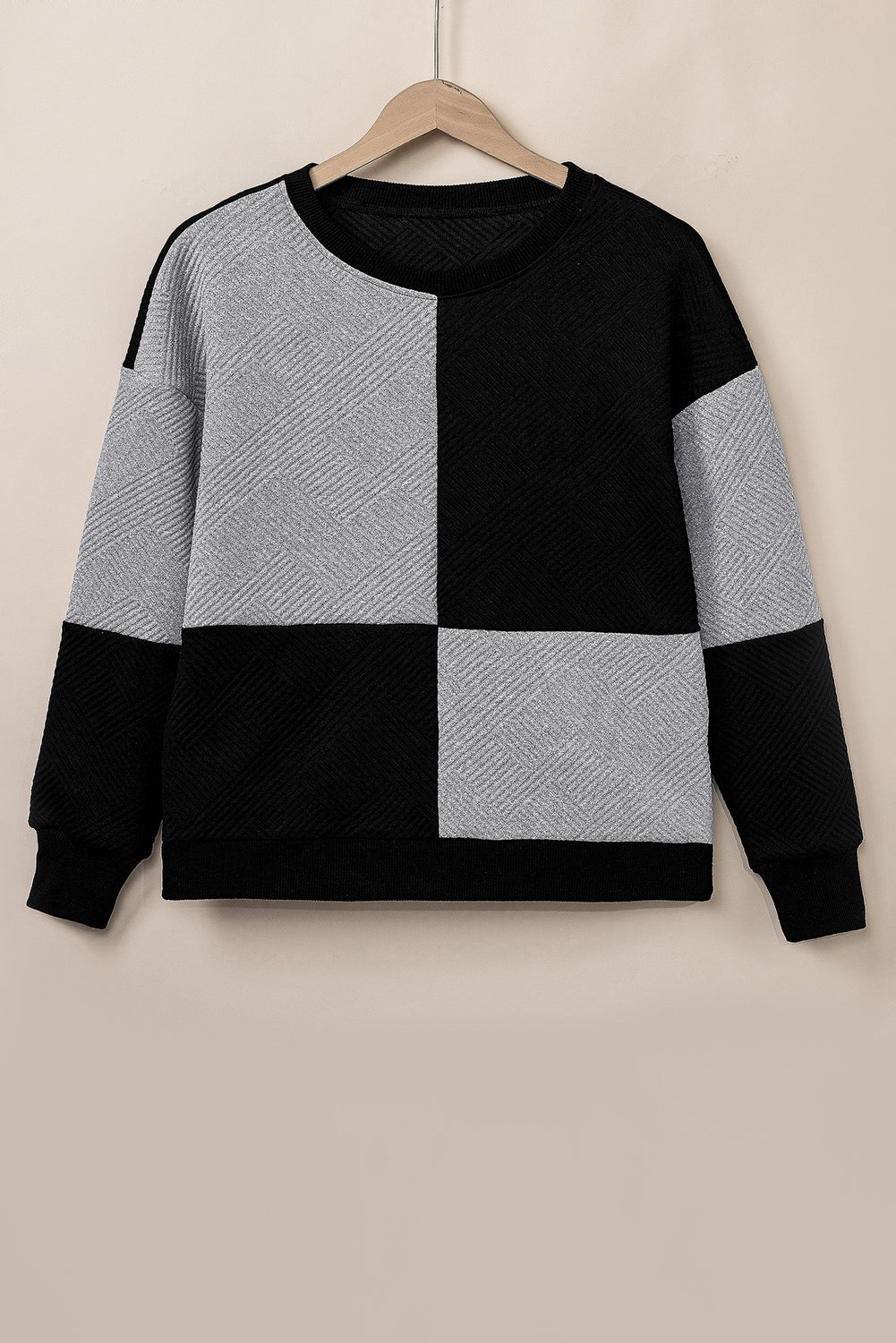Black Textured Drop Shoulder Color Block Top