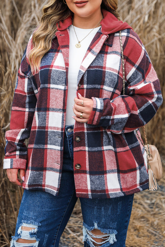 Veste à capuche boutonnée à carreaux imprimée grande taille rouge