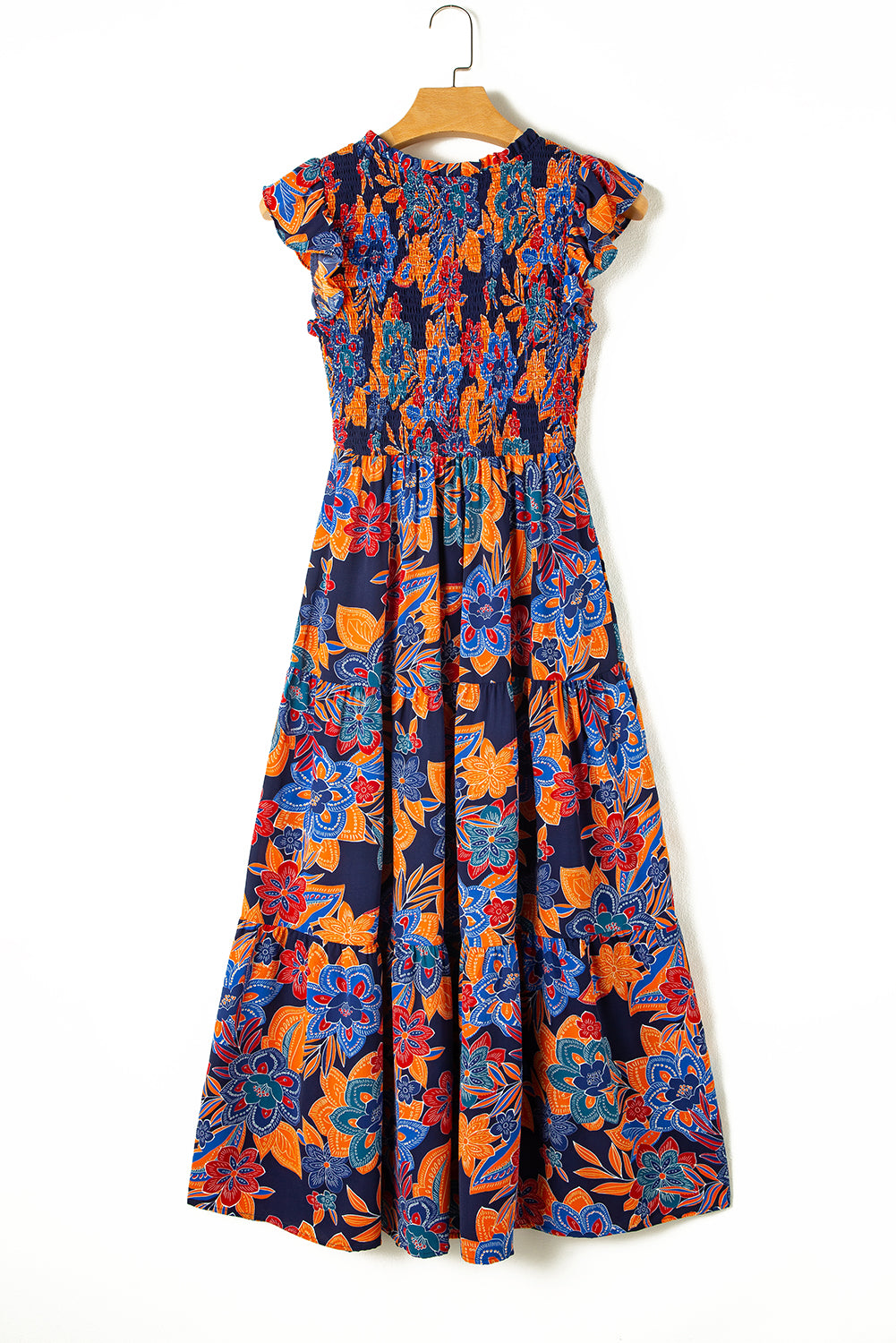 Vestido floral bohemio largo en V -neck y volantes en varios niveles de azul oscuro