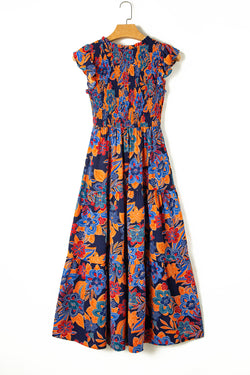 Vestido floral bohemio largo en V -neck y volantes en varios niveles de azul oscuro