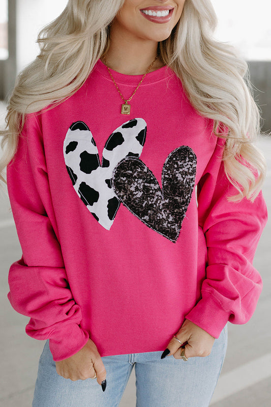 Erdbeer -Pink -Kuh & Paine Double Heart Patch Grafik Sweatshirt