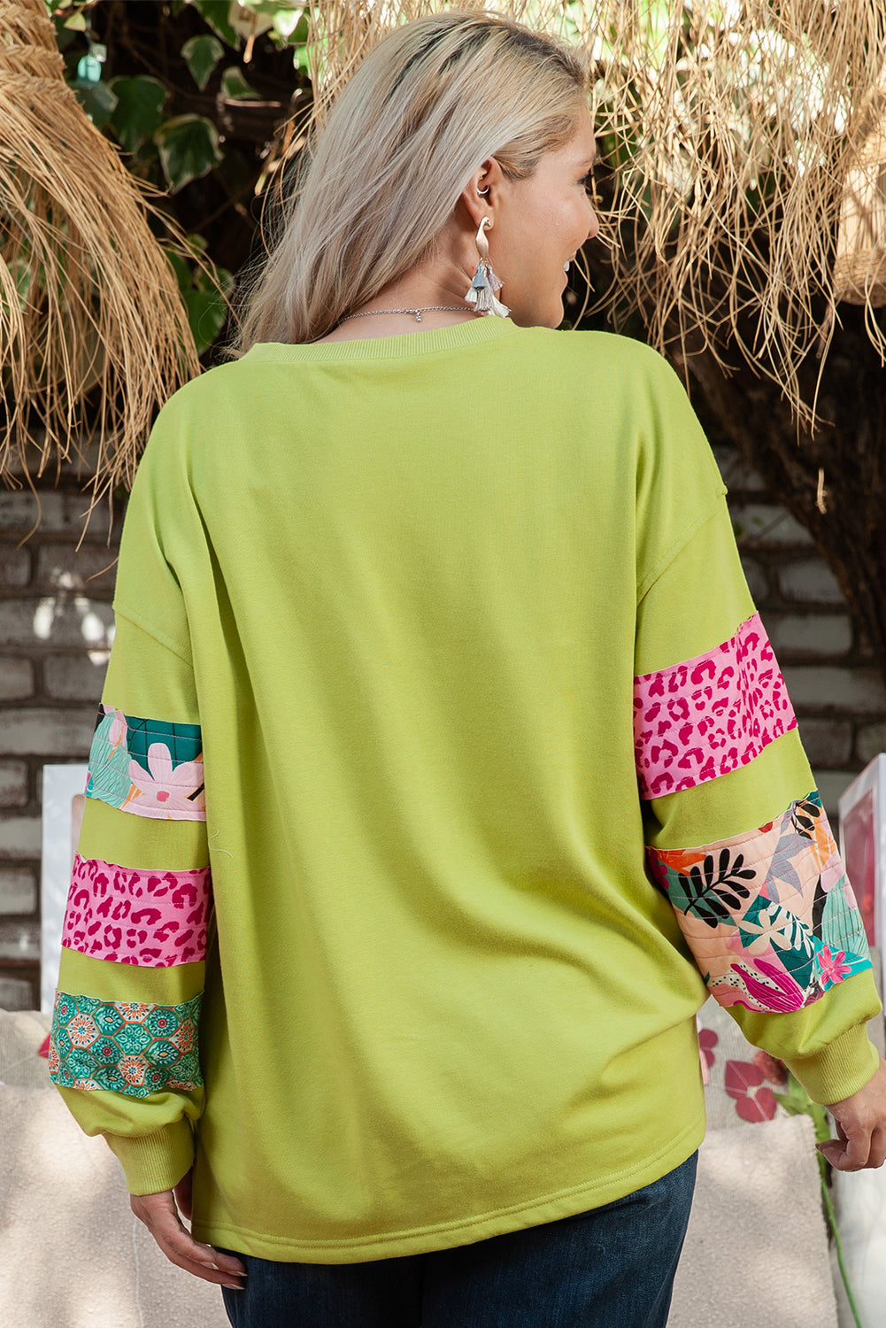 Green Plus Size Patchwork Sleeve Printed Split Sweatshirt