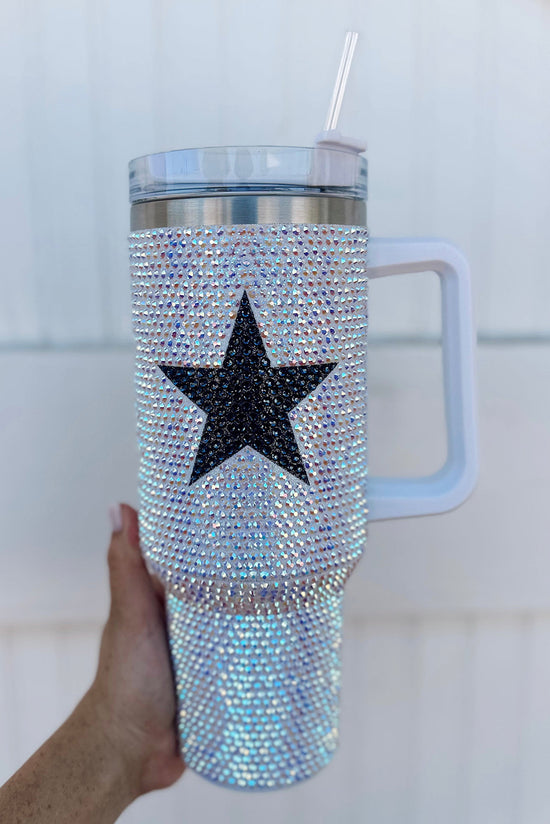 Portable stainless steel cup with white star -shaped rhinestones, 40oz