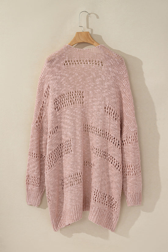 Pink Casual Hollow Knit Dolman Sleeve Cardigan