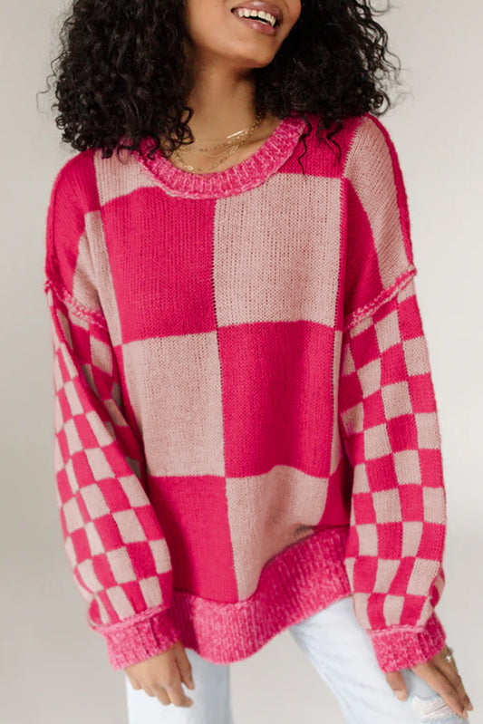 Rose Red Mixed Plaid Pattern Drop Shoulder Loose Sweater