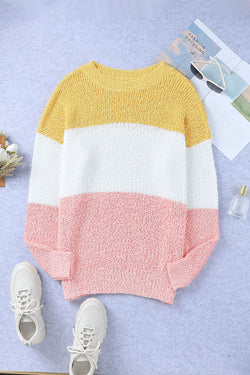 Plus Size Yellow Colorblock Bubble Sleeve Sweater