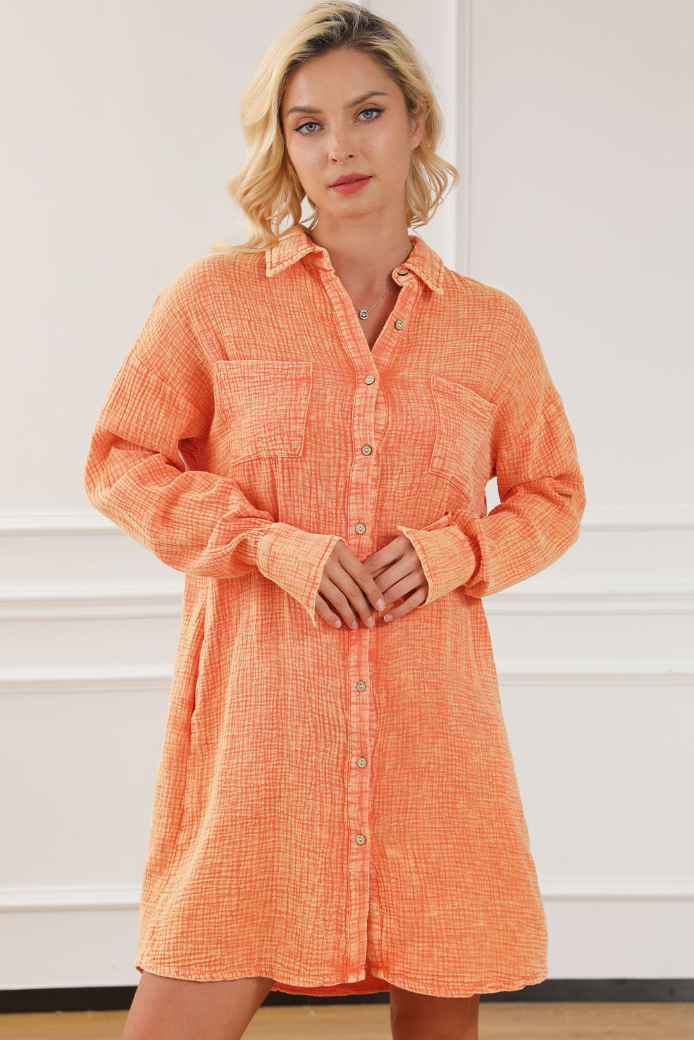 Robe de chemise surdimensionnée de poche à double poitrine orange