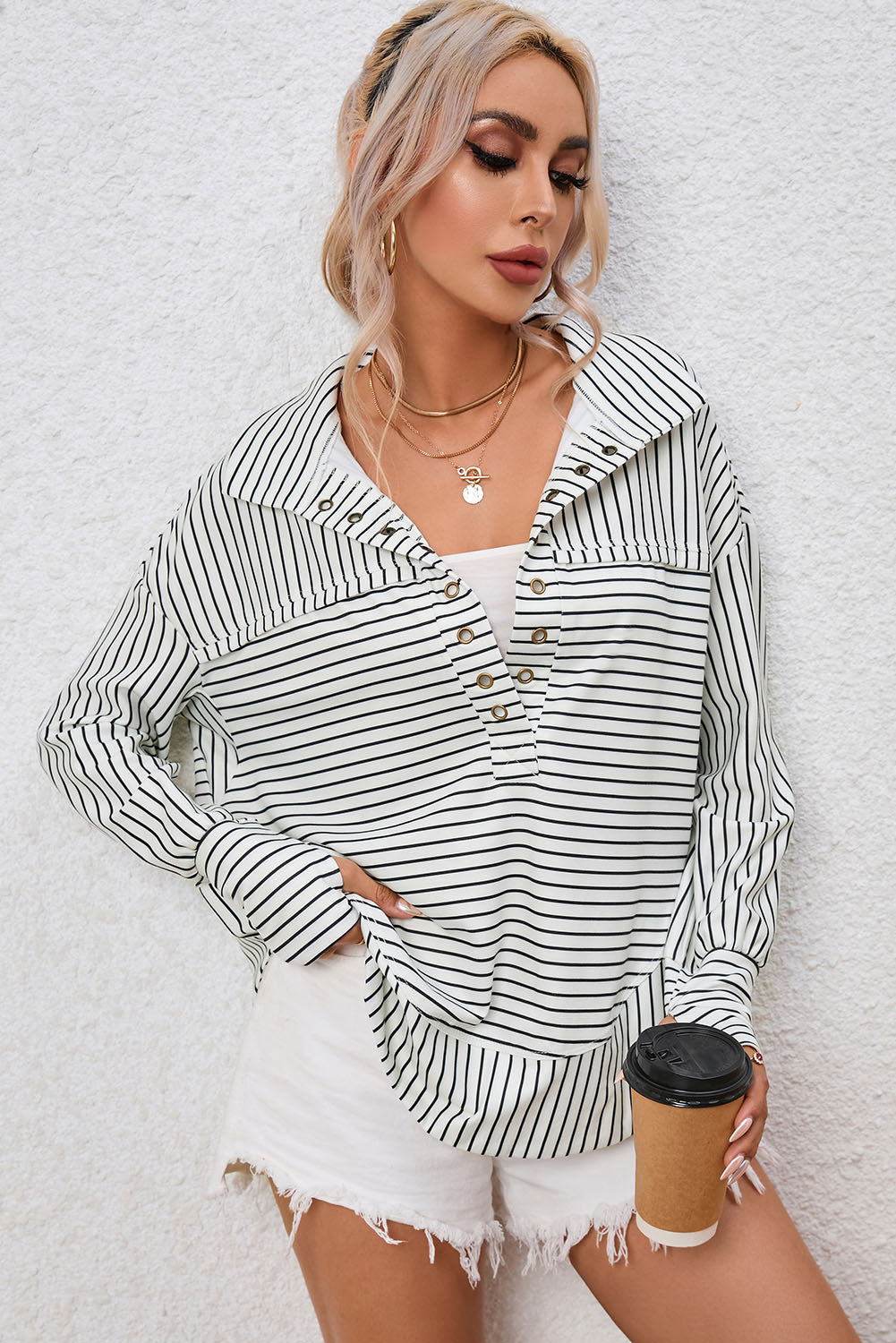 White Striped Thumbhole Drop Shoulder V Neck Top