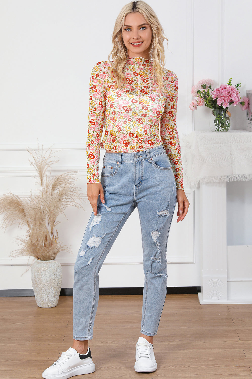 Top de manga larga con dobladillo de lechuga floral multicolor